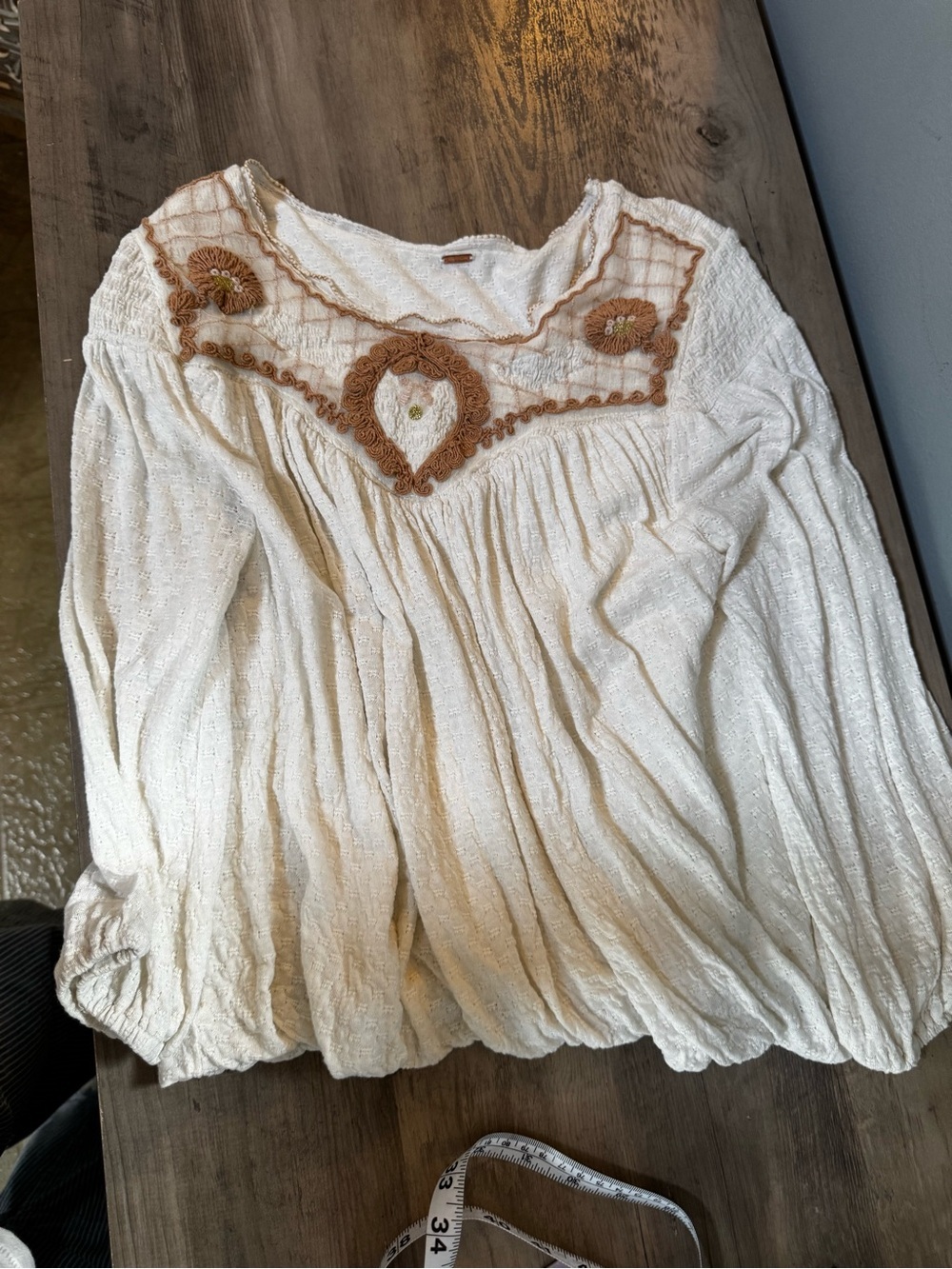 Free People Cream Long Sleeve Peasant Top with Tan Crochet Accents - Picture 3 of 9
